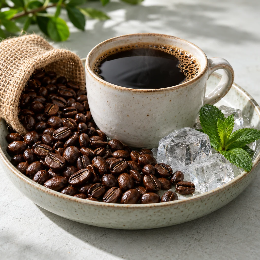 Black Coffee sensory direction, realistic ingredient illustration
