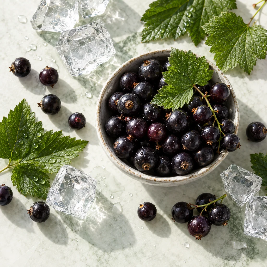 Blackcurrant sensory direction, realistic ingredient illustration