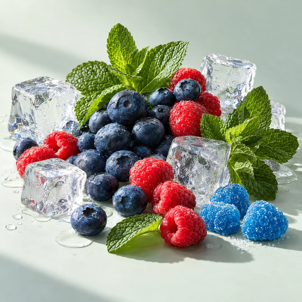 Blue Razz sensory direction, realistic ingredient illustration
