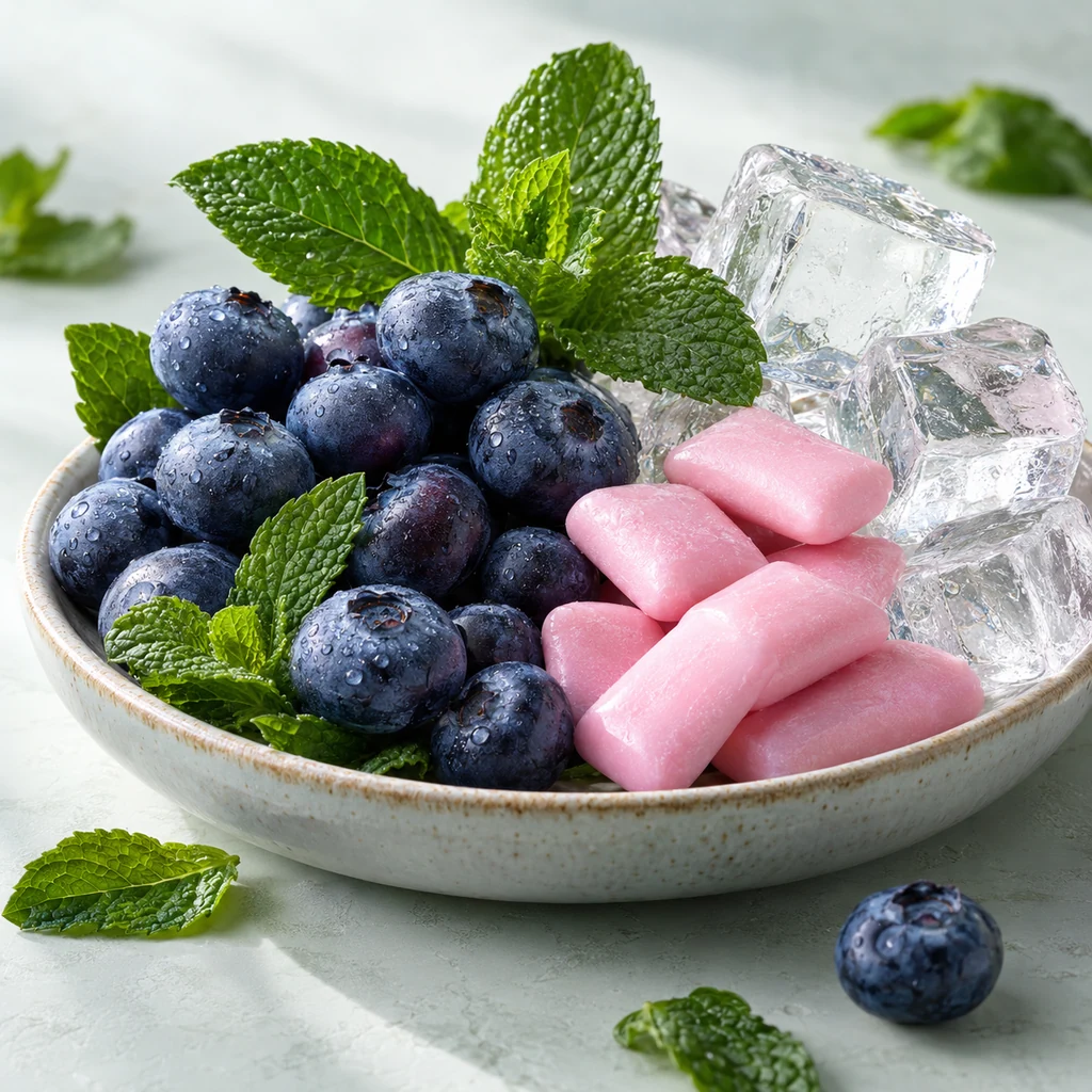 Blueberry Bubble Gum sensory direction, realistic ingredient illustration