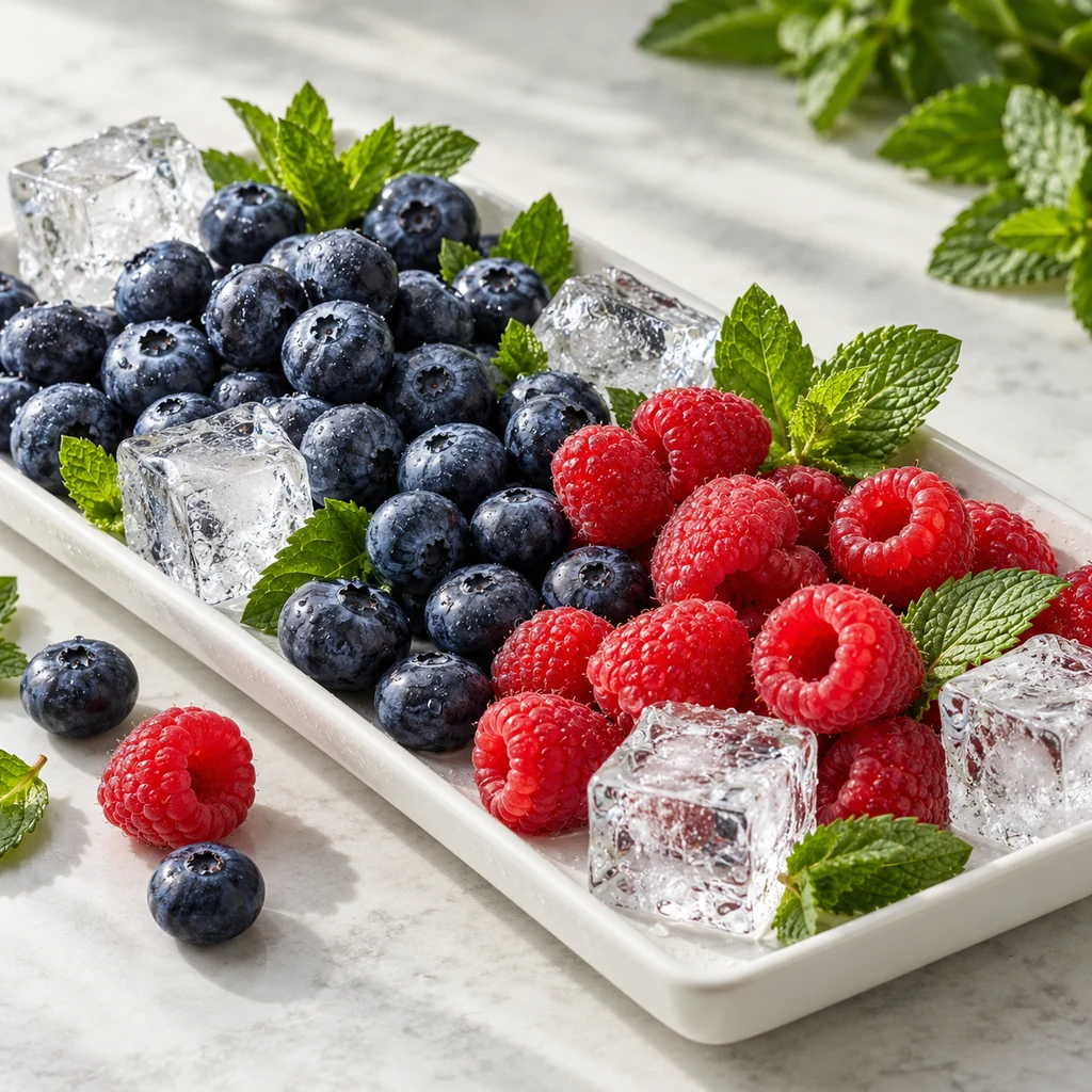 Blueberry Raspberry sensory direction, realistic ingredient illustration