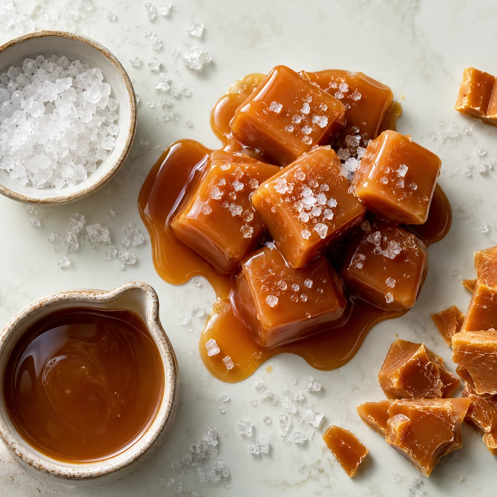 Caramel sensory direction, realistic ingredient illustration