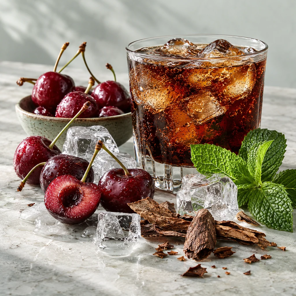 Cherry Cola sensory direction, realistic ingredient illustration