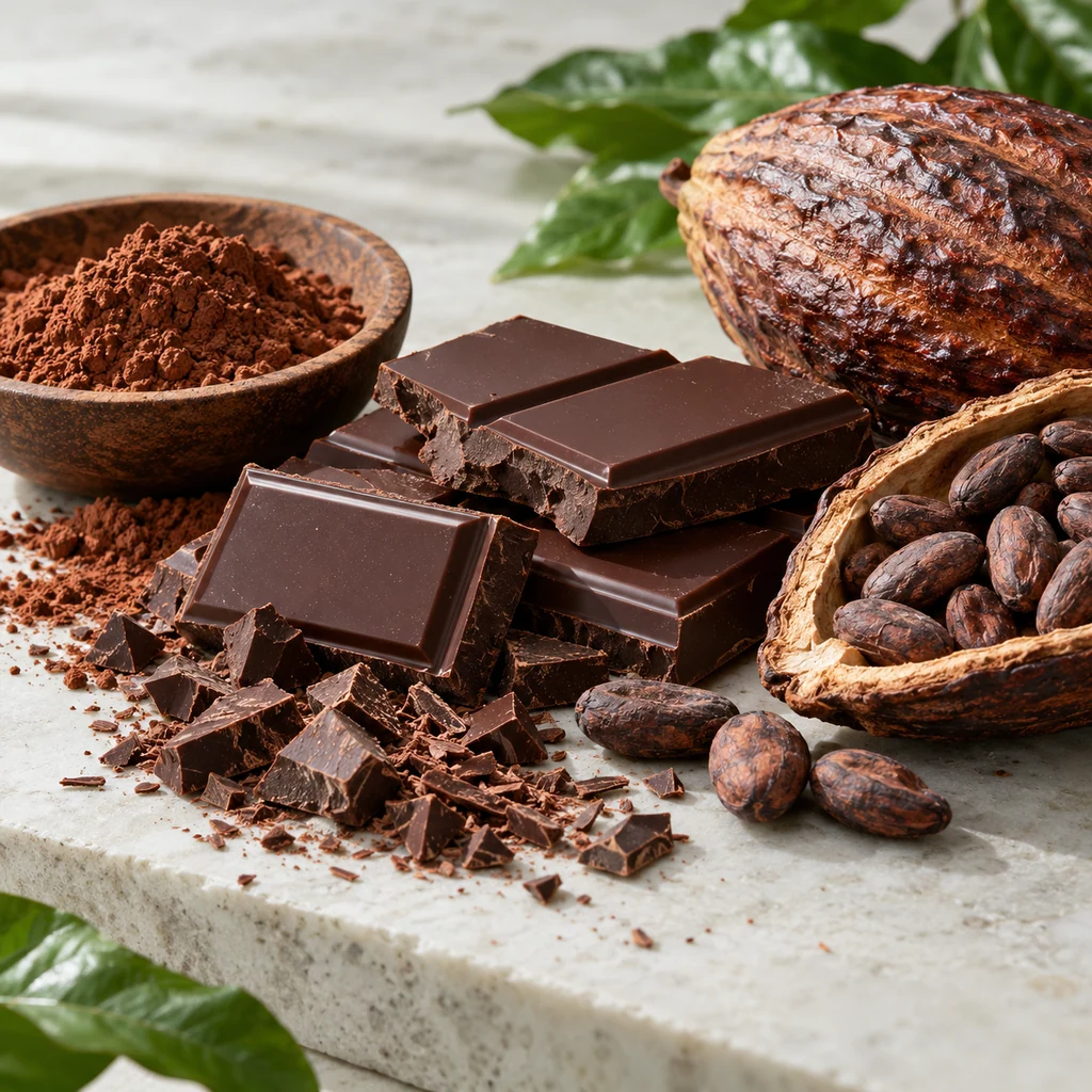 Chocolate sensory direction, realistic ingredient illustration