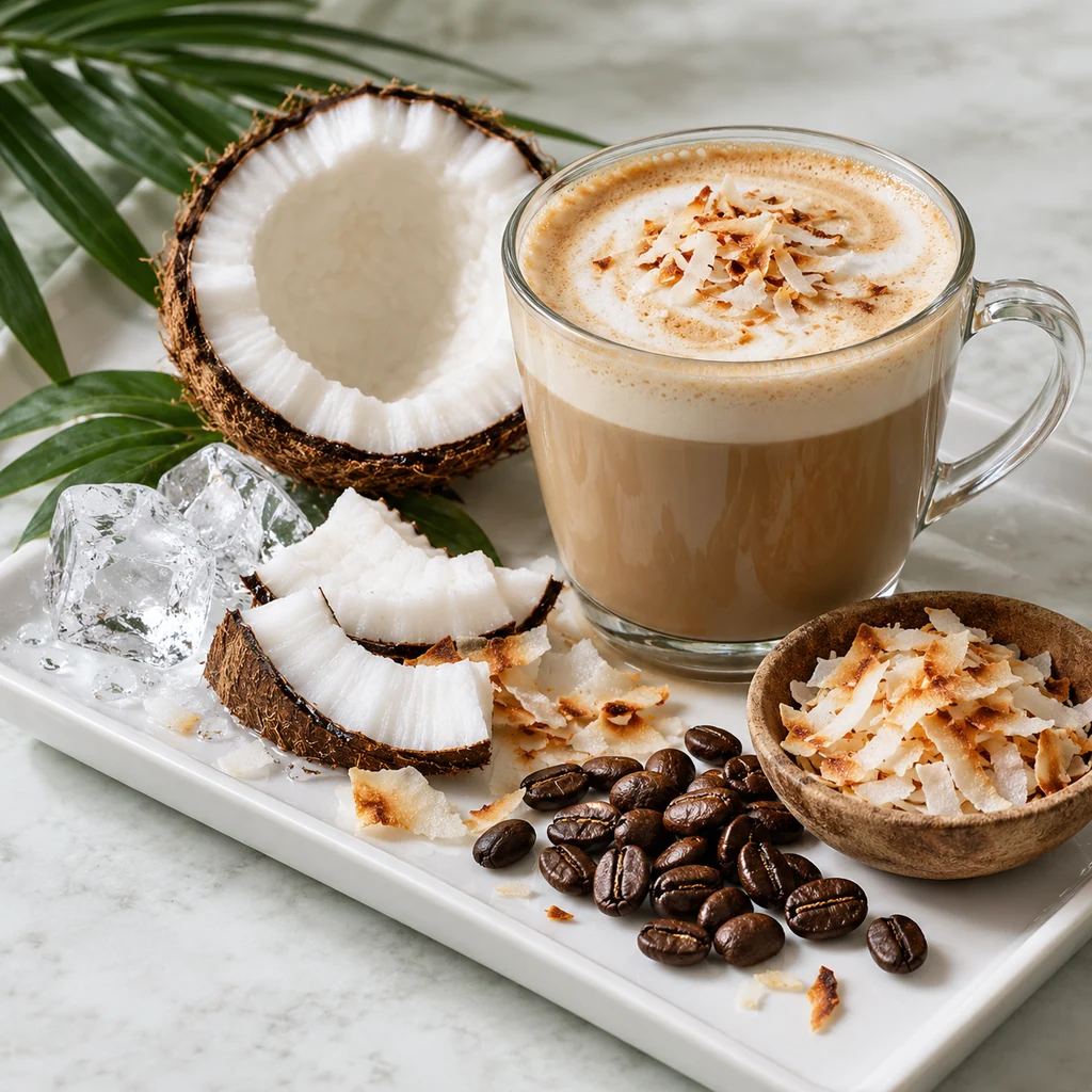 Coconut Latte sensory direction, realistic ingredient illustration