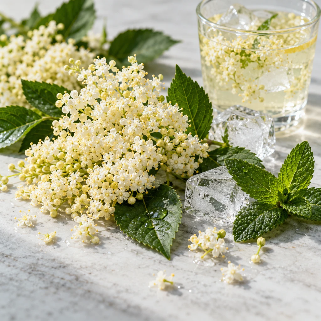 Elderflower sensory direction, realistic ingredient illustration