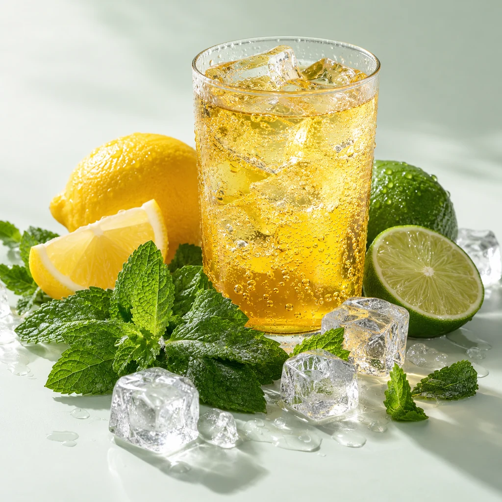 Energy-style soda sensory direction, realistic ingredient illustration