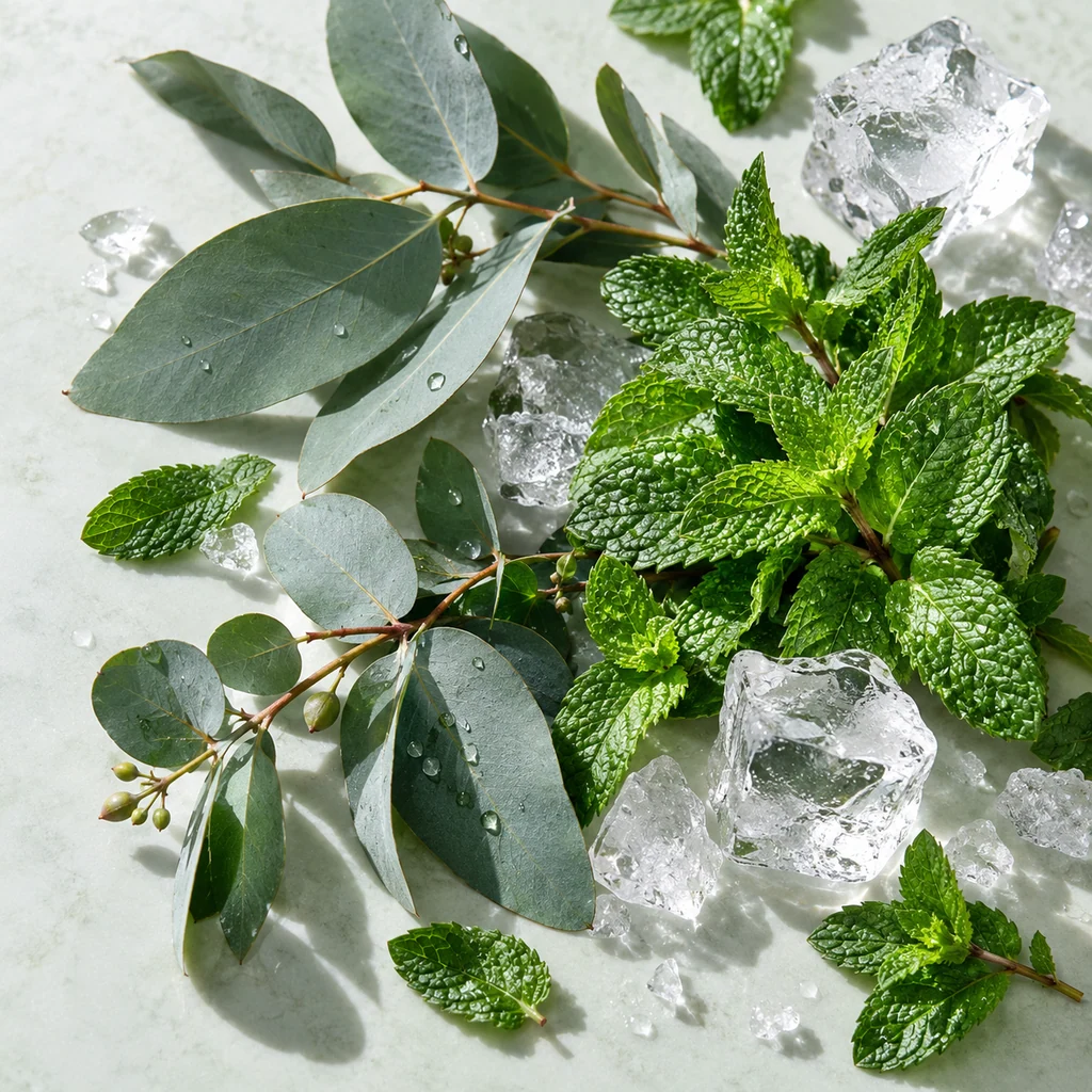 Eucalyptus Mint sensory direction, realistic ingredient illustration