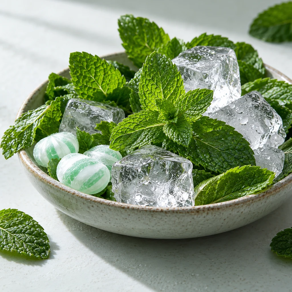 Extra Ice Mint sensory direction, realistic ingredient illustration