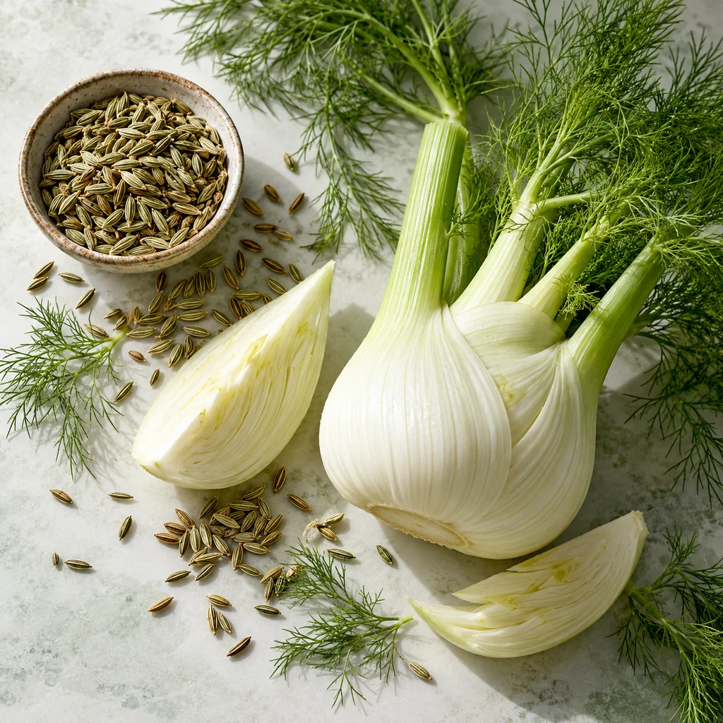 Fennel sensory direction, realistic ingredient illustration