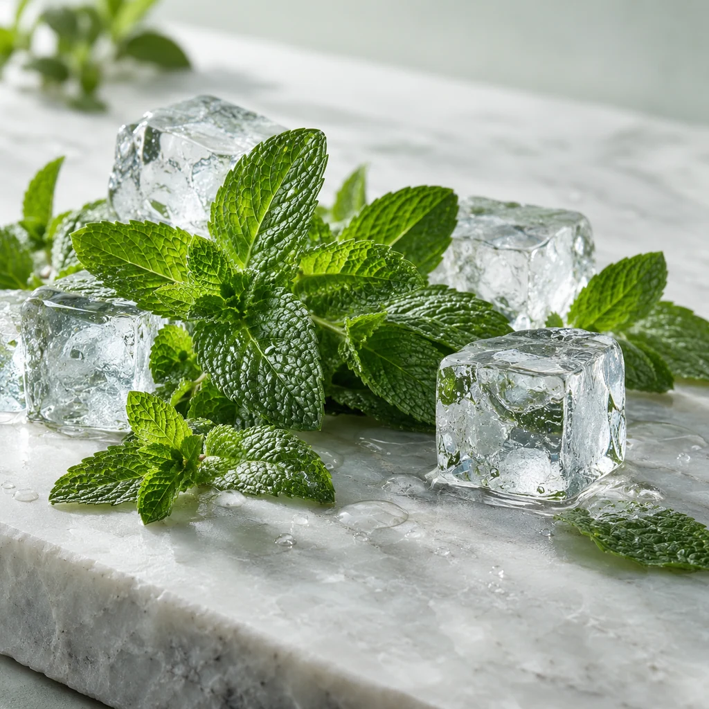 Frozen Mint sensory direction, realistic ingredient illustration