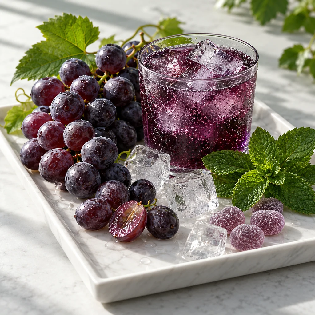 Grape soda sensory direction, realistic ingredient illustration