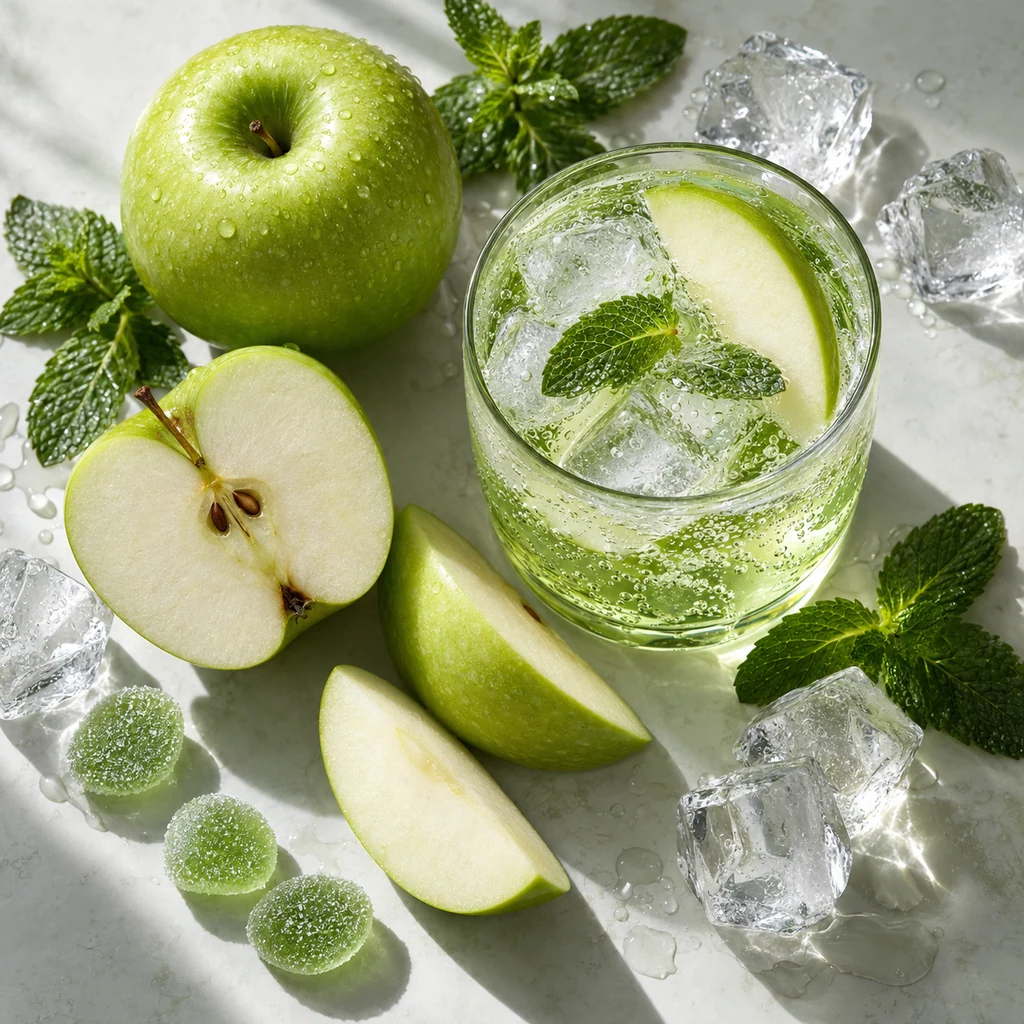 Green apple soda sensory direction, realistic ingredient illustration