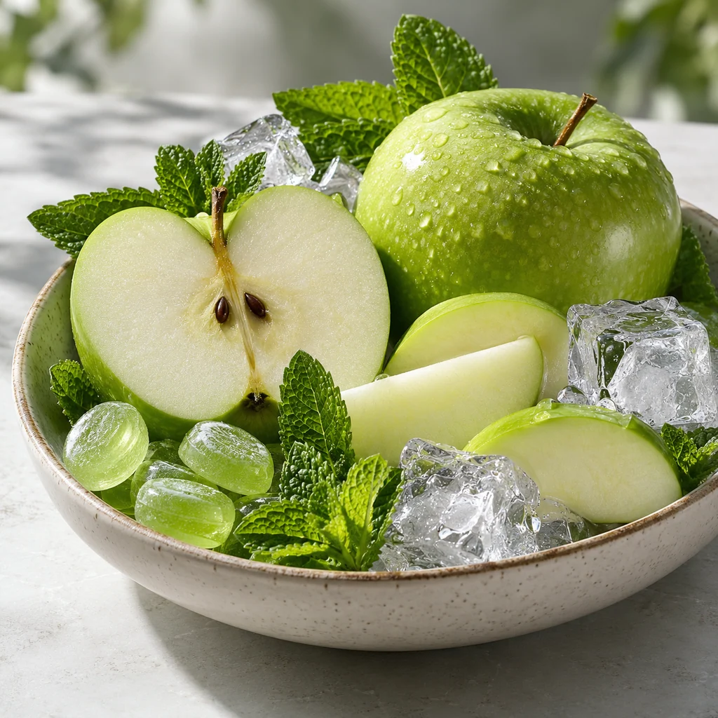 Green Apple sensory direction, realistic ingredient illustration
