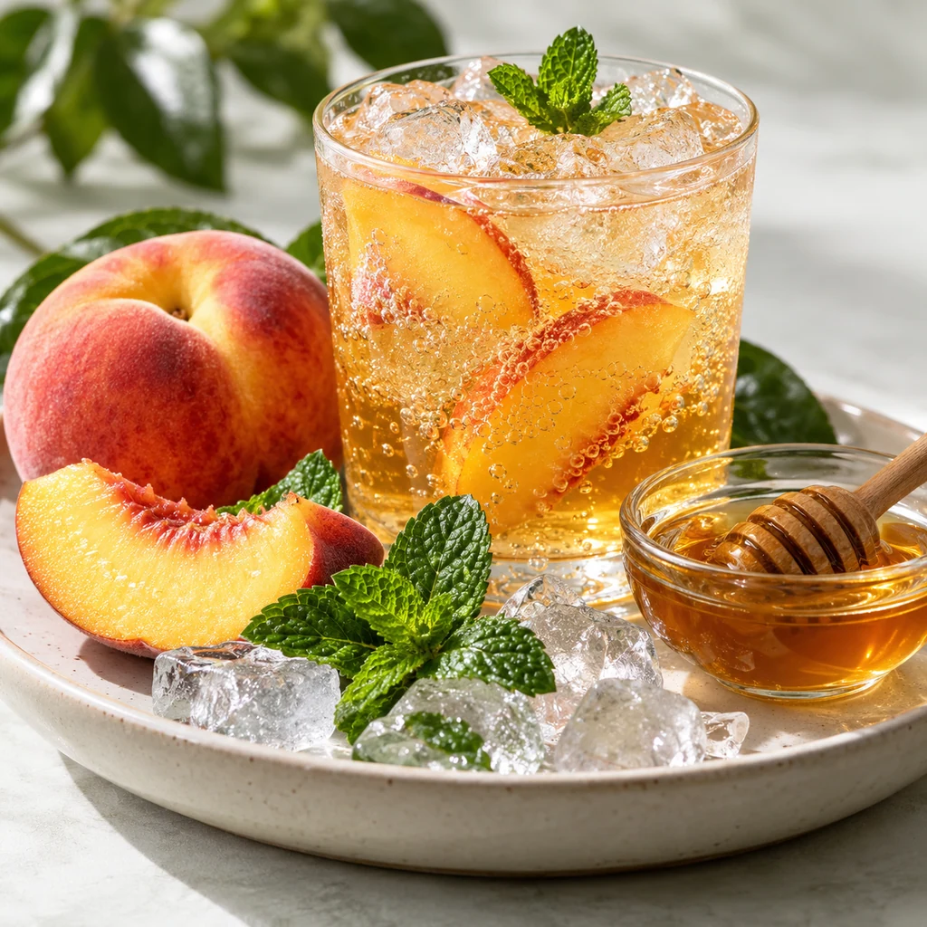 Honey peach soda sensory direction, realistic ingredient illustration
