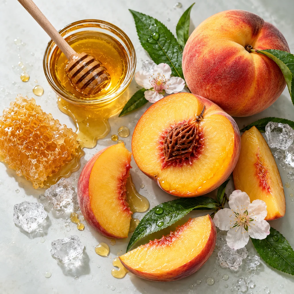 Honey Peach sensory direction, realistic ingredient illustration