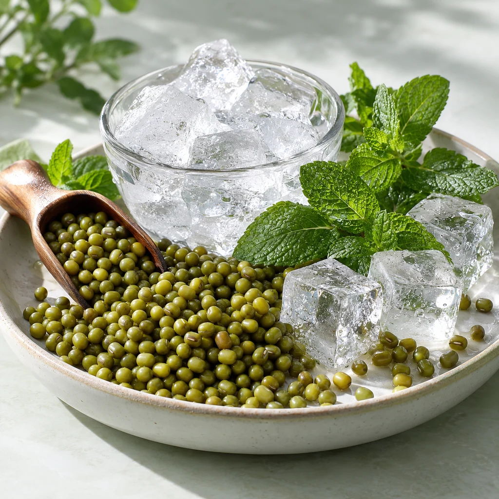 Iced Mung Bean sensory direction, realistic ingredient illustration