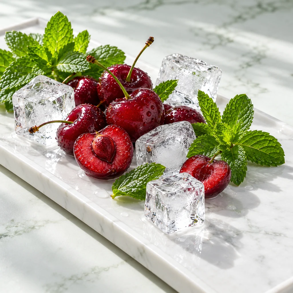 Icy Cherry sensory direction, realistic ingredient illustration