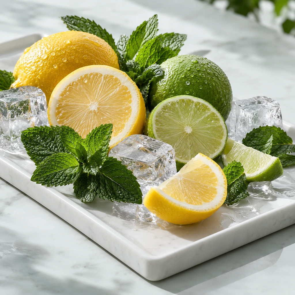 Icy Citrus sensory direction, realistic ingredient illustration