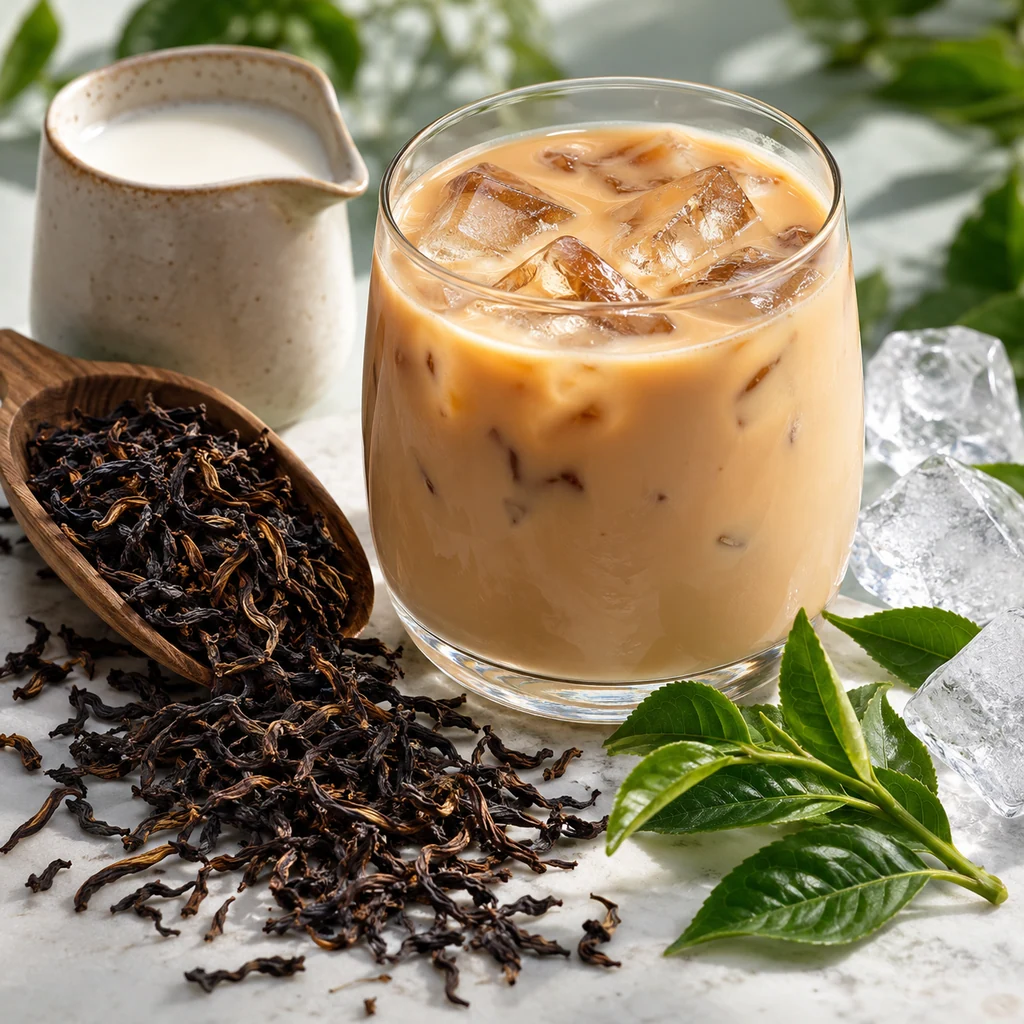 Milk Tea sensory direction, realistic ingredient illustration