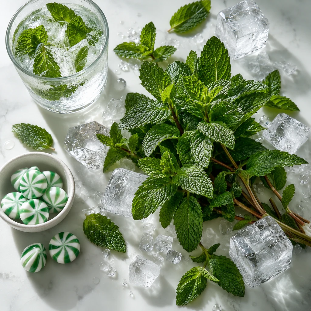 Peppermint sensory direction, realistic ingredient illustration