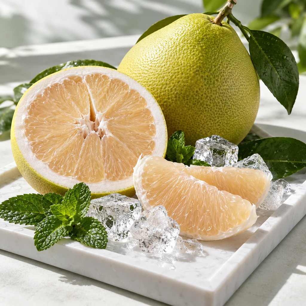 Pomelo sensory direction, realistic ingredient illustration