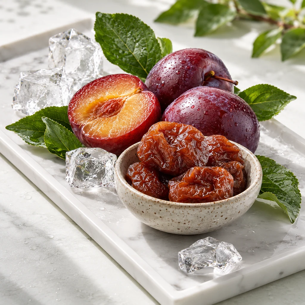 Preserved Plum sensory direction, realistic ingredient illustration