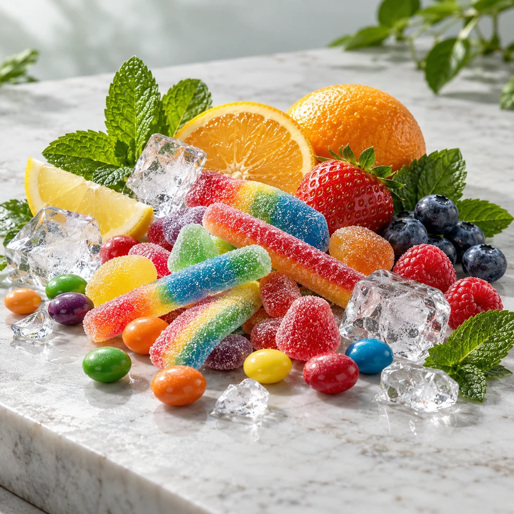 Rainbow Candy sensory direction, realistic ingredient illustration