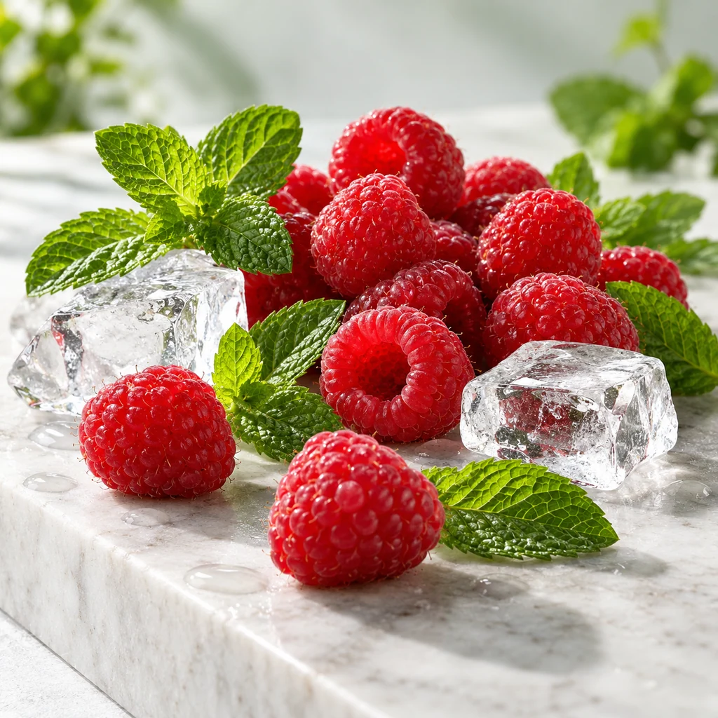Raspberry sensory direction, realistic ingredient illustration