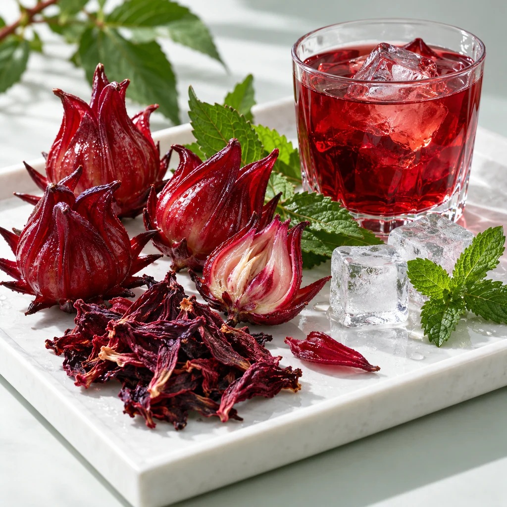 Roselle sensory direction, realistic ingredient illustration