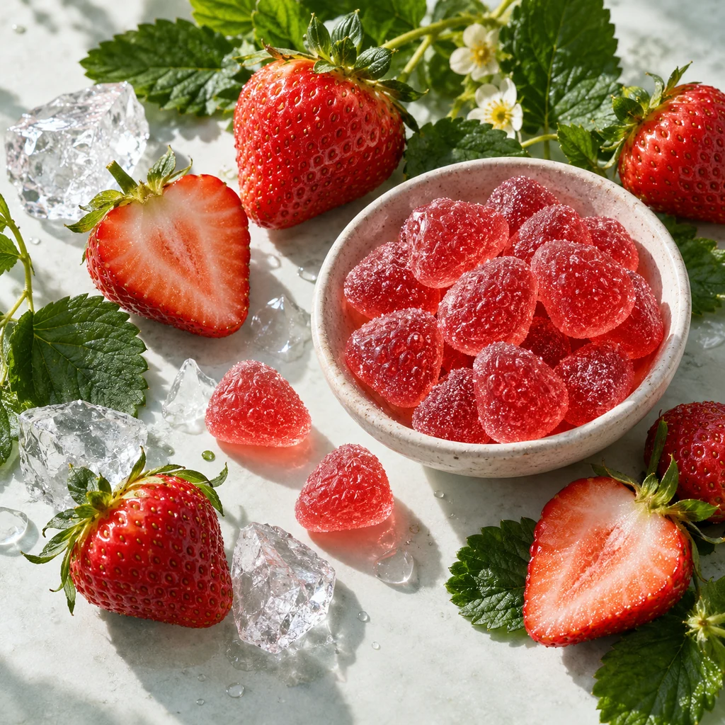 Strawberry Gummy sensory direction, realistic ingredient illustration