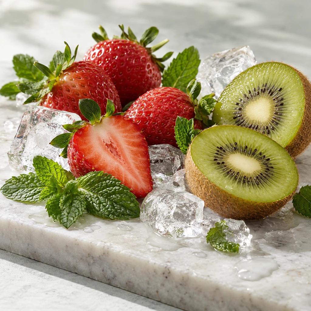 Strawberry Kiwi sensory direction, realistic ingredient illustration