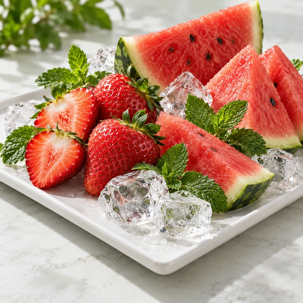 Strawberry Watermelon sensory direction, realistic ingredient illustration