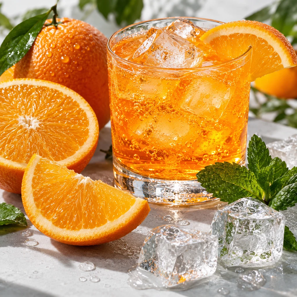 Sweet orange soda sensory direction, realistic ingredient illustration