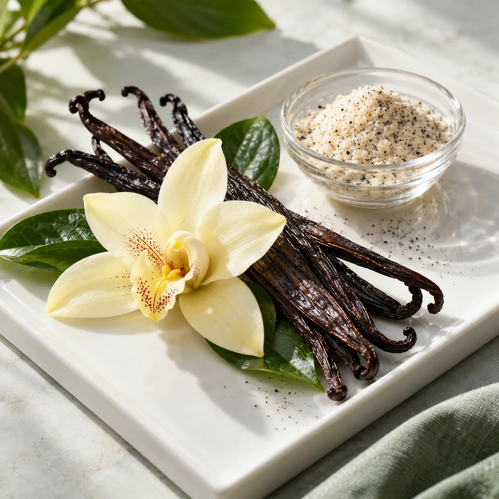 Vanilla sensory direction, realistic ingredient illustration