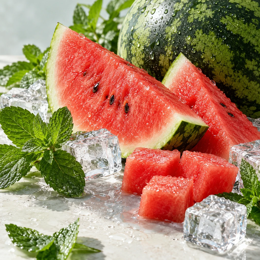 Watermelon sensory direction, realistic ingredient illustration