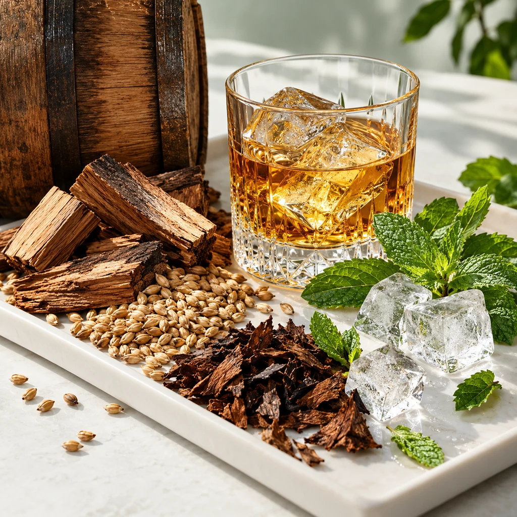 Whisky sensory direction, realistic ingredient illustration