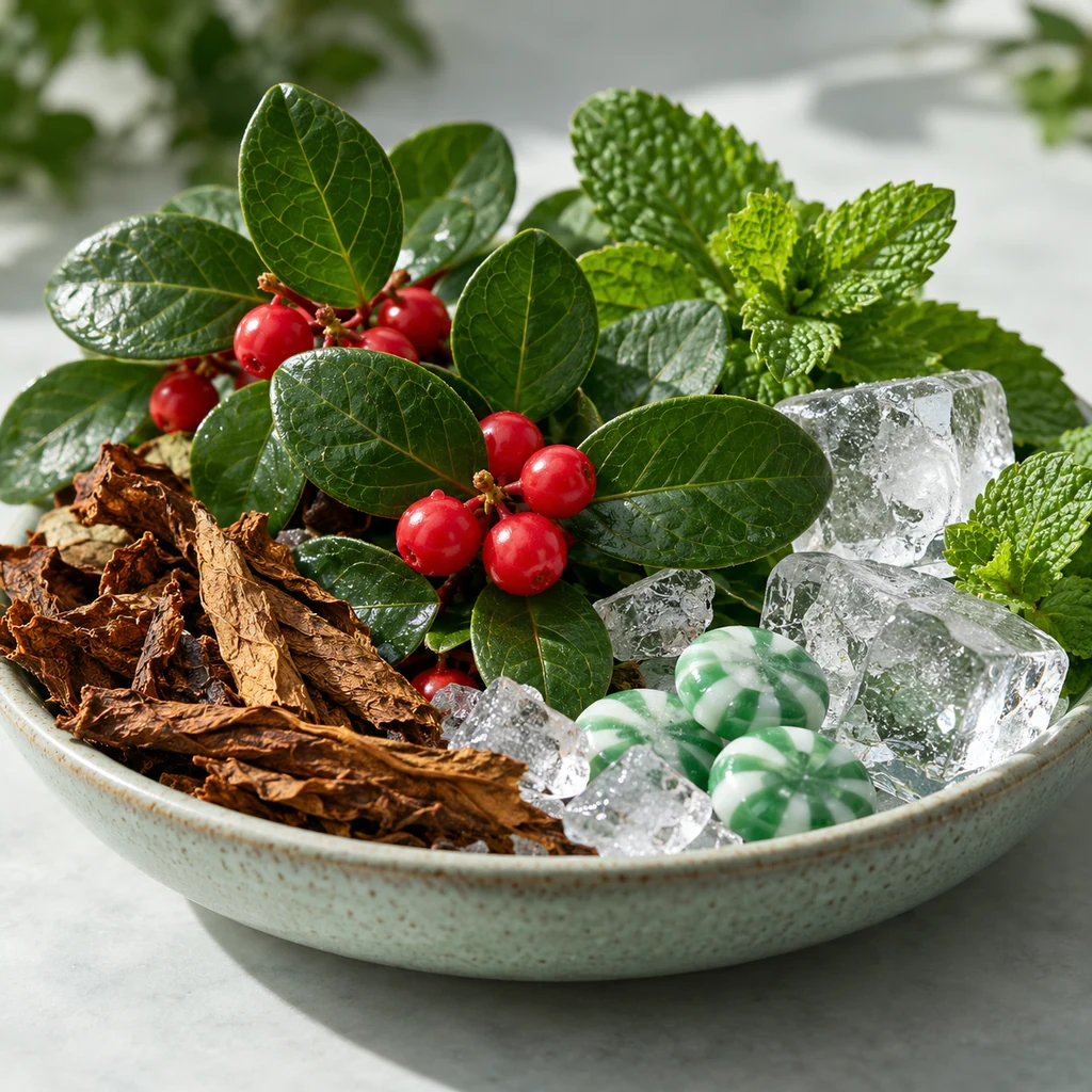 Wintergreen sensory direction, realistic ingredient illustration