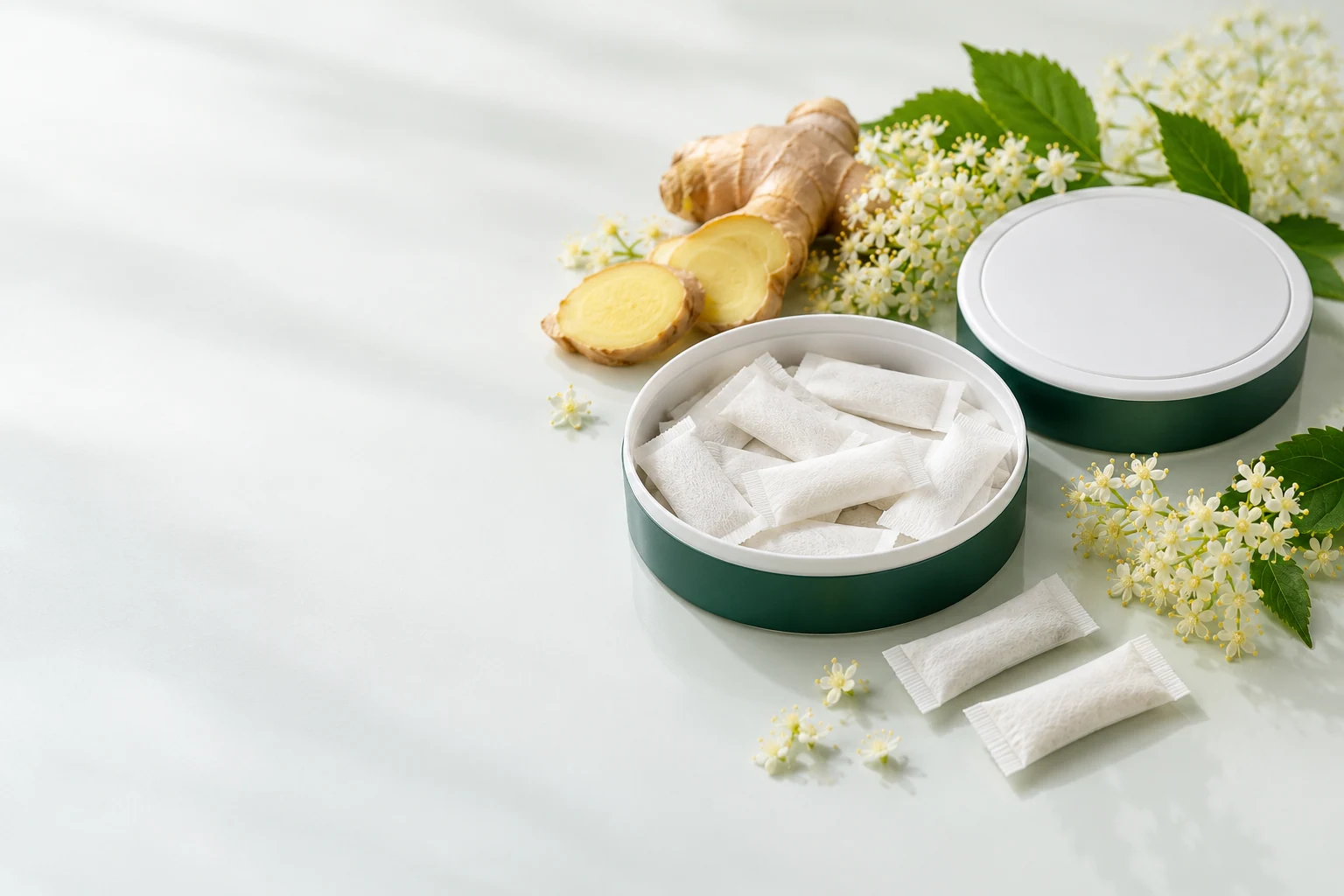 Herbal wellness pouches. Oral pouch packaging and development concept view 1