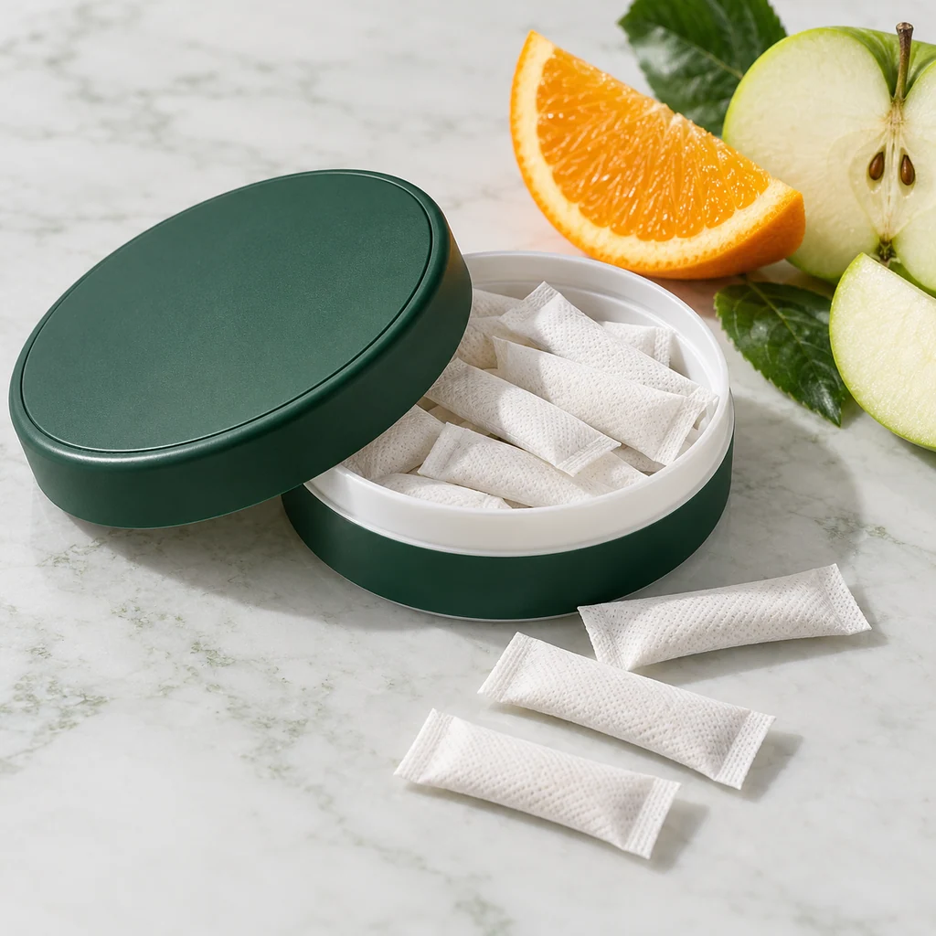 Daily multivitamin oral pouch packaging concept: shallow round can and slim pouches