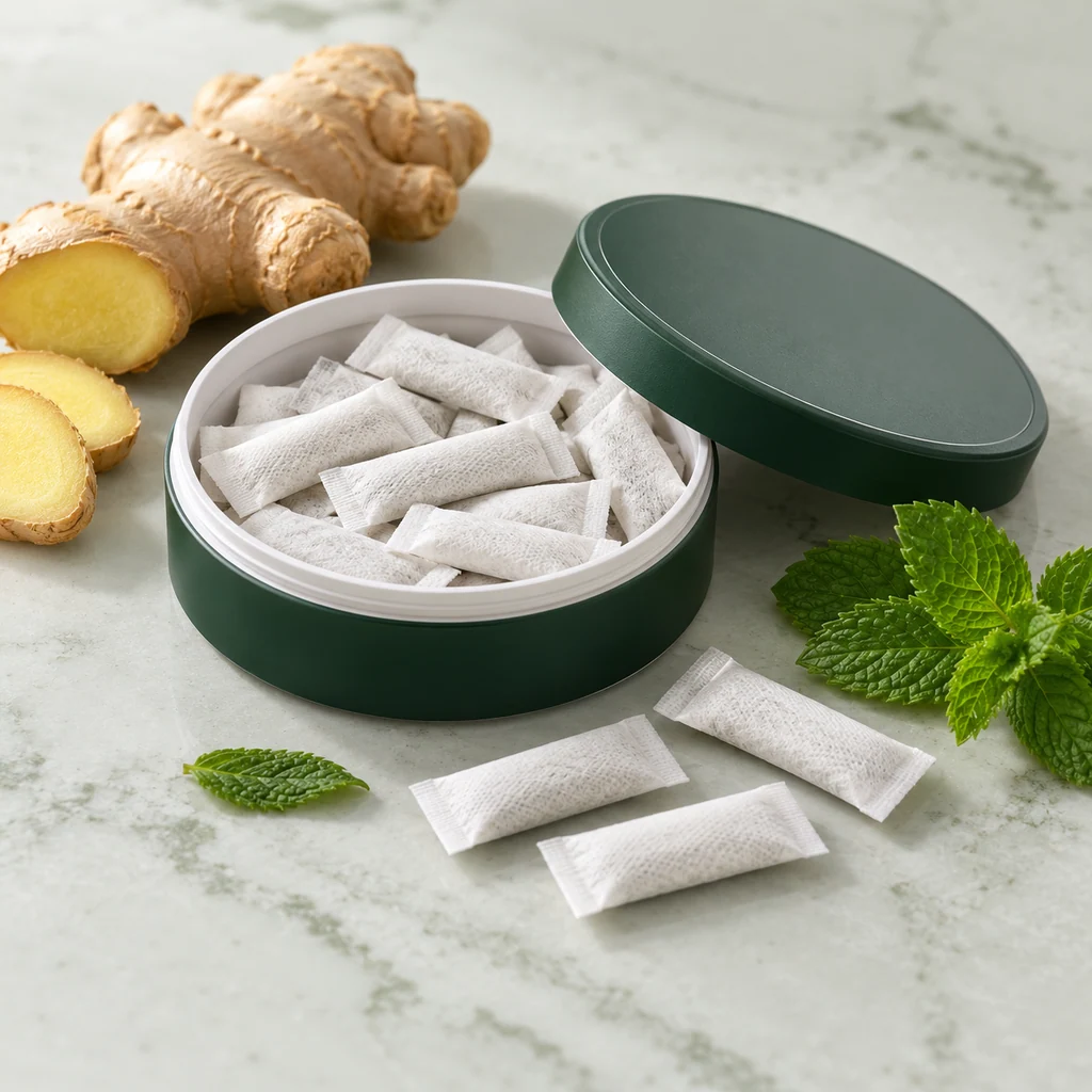 Digestive health oral pouch packaging concept: shallow round can and slim pouches