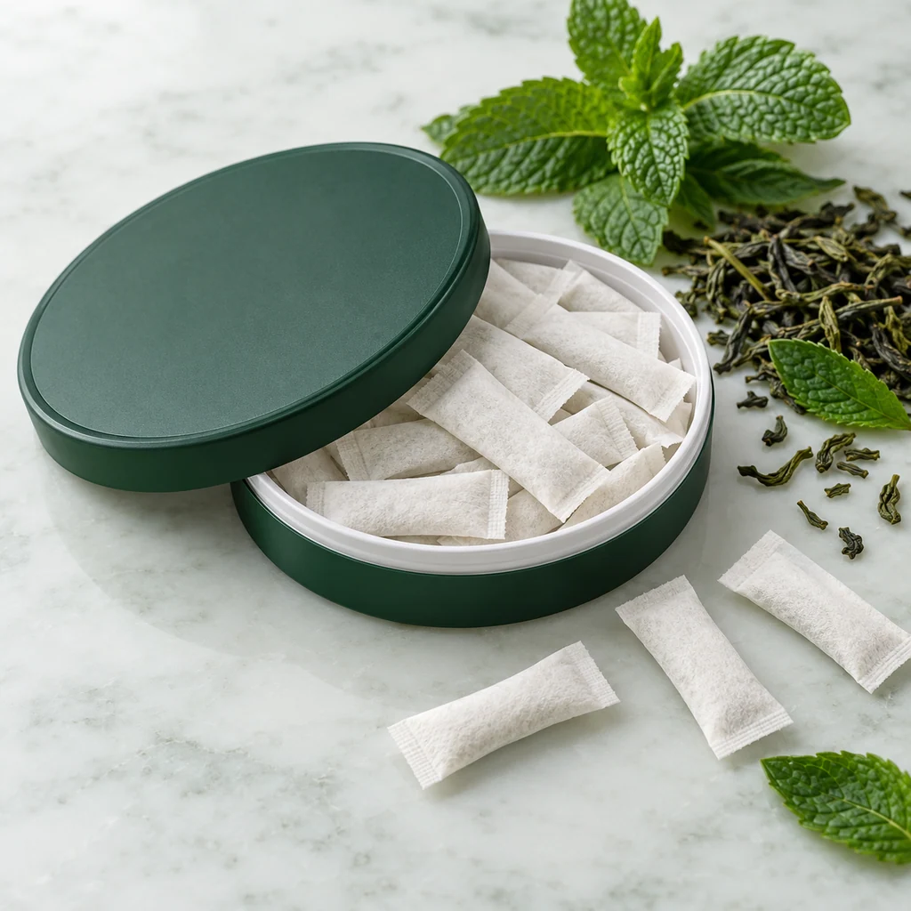 Focus & brain health oral pouch packaging concept: shallow round can and slim pouches