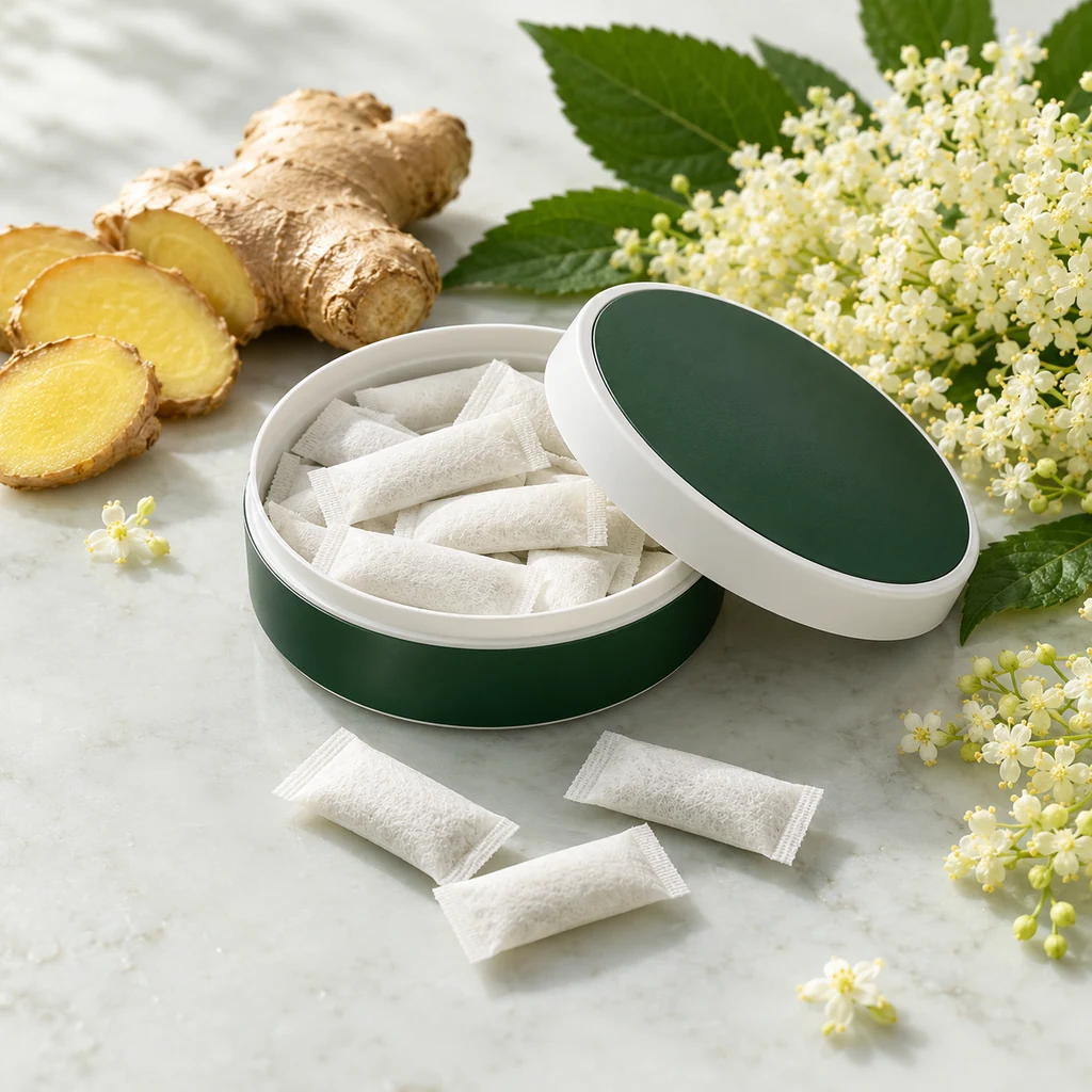 Herbal wellness oral pouch packaging concept: shallow round can and slim pouches