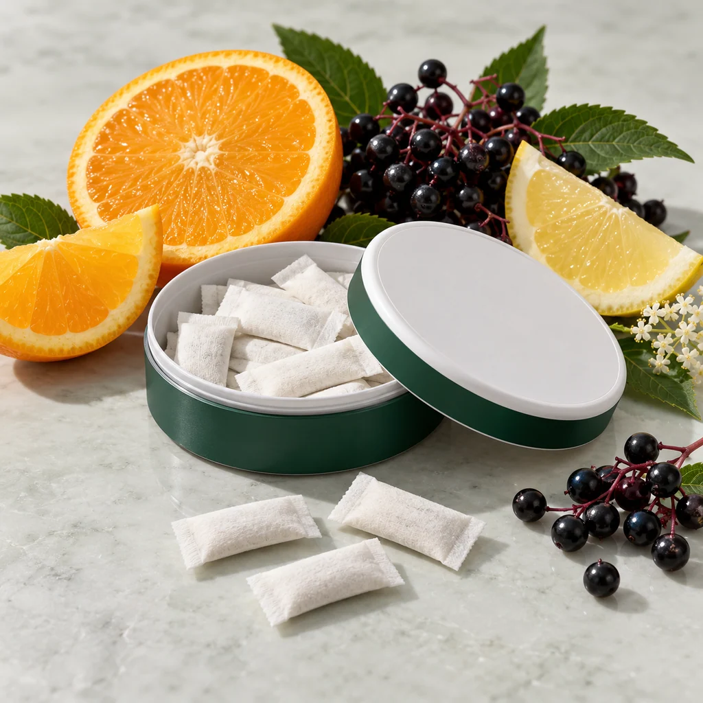 Immune support oral pouch packaging concept: shallow round can and slim pouches