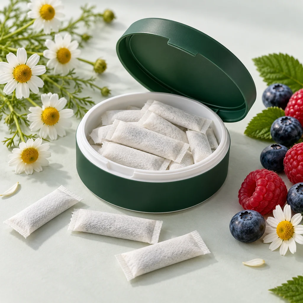 Sleep & calm oral pouch packaging concept: shallow round can and slim pouches