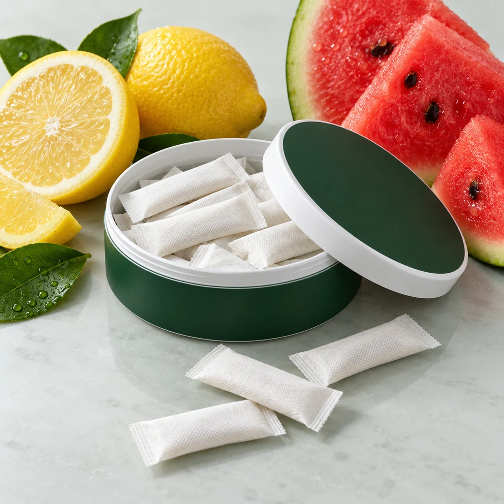 Sports nutrition oral pouch packaging concept: shallow round can and slim pouches